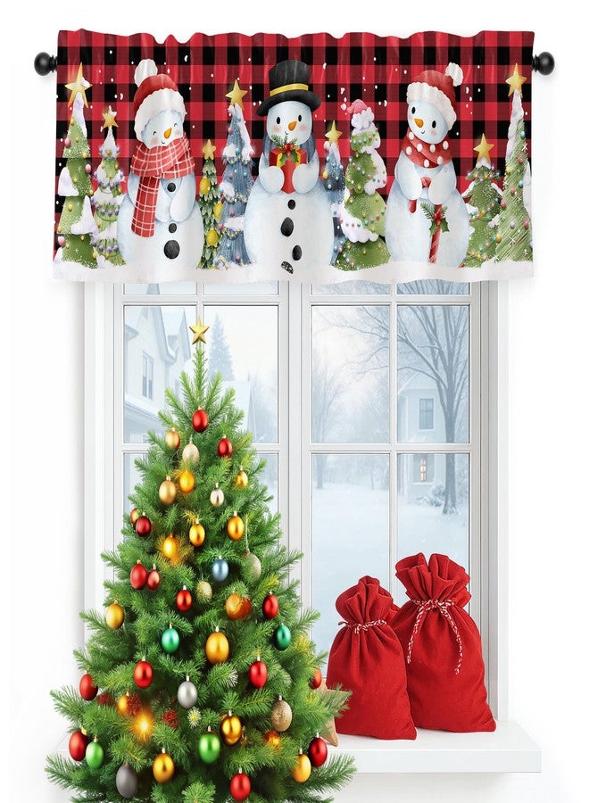 JRLCTECH Snowman Christmas Valance Curtain for Kitchen, Christmas Decorations Window Valance Curtains, Winter Tree Snowman Curtain Drapes for Living Room Bedroom 54x18 in, Rod Pocket Window Treatment - Image 1